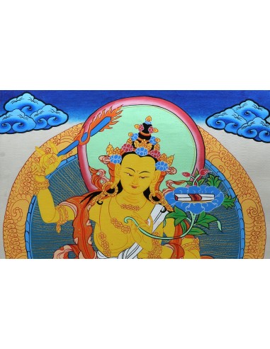 Manjushri god of wisdom, right hand holding PRAJNA KHADGA - the sword of wisdom, gold plated, cotton canvas 15"x11" inch