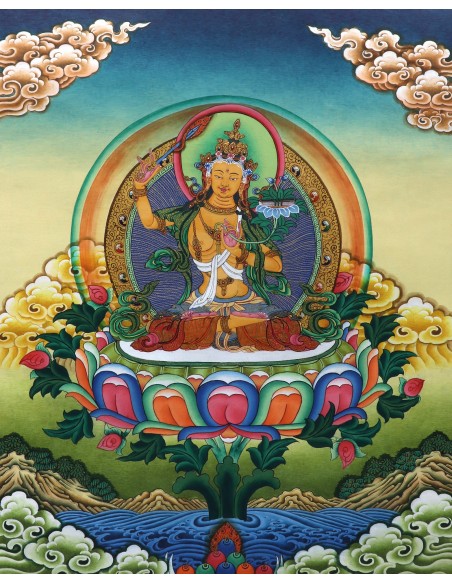 Manjushri glory god, right hand holding PRAJNA KHADGA - the sword of wisdom, cotton canvas, 20"x16" size thangka