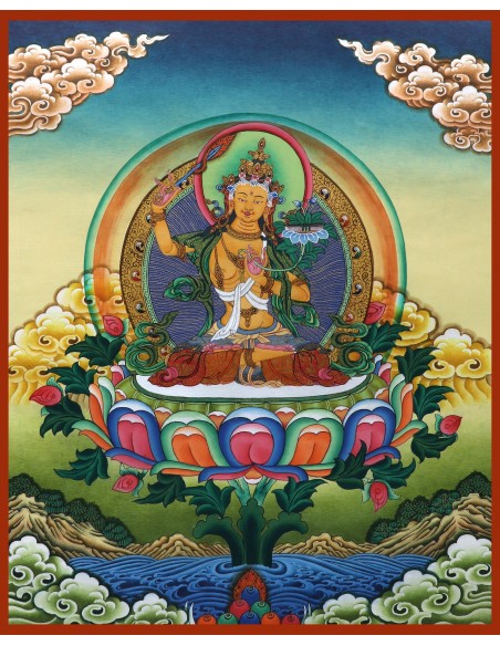 Manjushri glory god, right hand holding PRAJNA KHADGA - the sword of wisdom, cotton canvas, 20"x16" size thangka