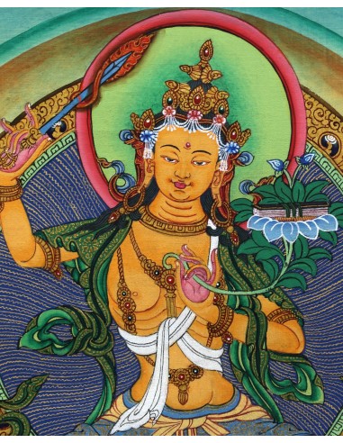 Manjushri glory god, right hand holding PRAJNA KHADGA - the sword of wisdom, cotton canvas, 20"x16" size thangka