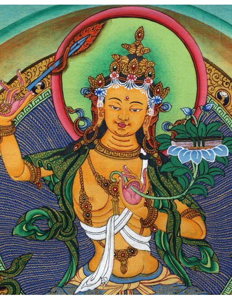 Manjushri glory god, right hand holding PRAJNA KHADGA - the sword of wisdom, cotton canvas, 20"x16" size thangka