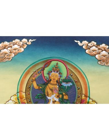 Manjushri glory god, right hand holding PRAJNA KHADGA - the sword of wisdom, cotton canvas, 20"x16" size thangka
