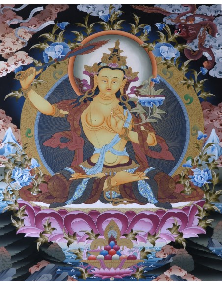 Manjushri Empowerment, Manjushri Sadhana, Manjushri Practice Manjushri god of wisdom, right hand holding PRAJNA KHADGA-the sword