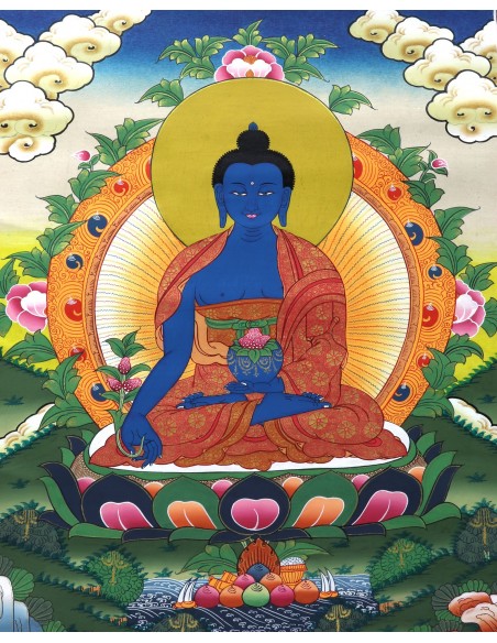 Medicine Buddha Cotton Canvas Thangka Painting. 20"x15" size, Cure Suffering using the medicine of his teachings, Healing, pure