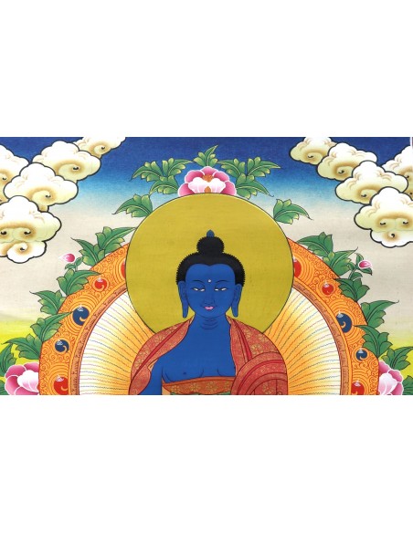 Medicine Buddha Cotton Canvas Thangka Painting. 20"x15" size, Cure Suffering using the medicine of his teachings, Healing, pure