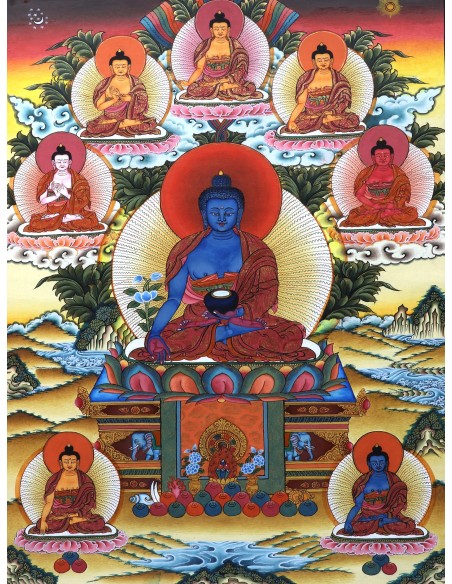 8 Medicine Buddhas, Supreme healer, Medicine Buddha Cotton Canvas Thangka Painting. 20"x14" size. Cure Suffering teaching paint