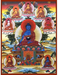 8 Medicine Buddhas, Supreme healer, Medicine Buddha Cotton Canvas Thangka Painting. 20"x14" size. Cure Suffering teaching paint