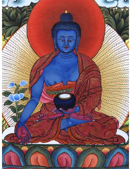 8 Medicine Buddhas, Supreme healer, Medicine Buddha Cotton Canvas Thangka Painting. 20"x14" size. Cure Suffering teaching paint