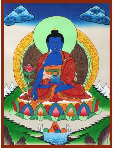 Medicine Buddha Cotton Canvas Thangka Painting. 15"x11" size. Cure Suffering using the medicine of his teachings, Healing guru