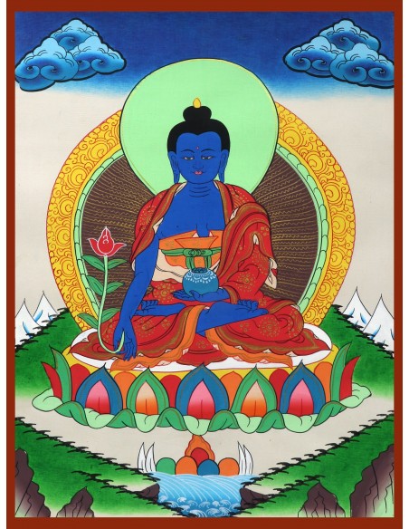 Medicine Buddha Cotton Canvas Thangka Painting. 15"x11" size. Cure Suffering using the medicine of his teachings, Healing guru