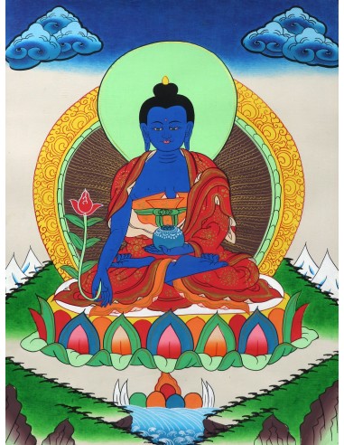 Medicine Buddha Cotton Canvas Thangka Painting. 15"x11" size. Cure Suffering using the medicine of his teachings, Healing guru