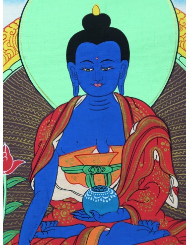 Medicine Buddha Cotton Canvas Thangka Painting. 15"x11" size. Cure Suffering using the medicine of his teachings, Healing guru