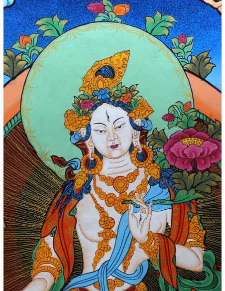 White tara long-life, healing, compassion, health, Thangka, cotton canvas, 24 karat pure gold, mineral and vegetable pigments