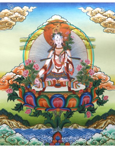 White tara long-life, healing, compassion, health, Thangka, cotton canvas, Mantra, Spirituality, Enlightenment