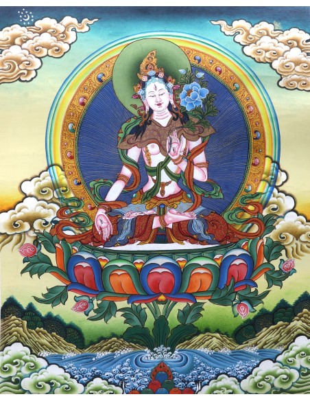 White tara long-life, healing, compassion, health, Thangka, cotton canvas, Mantra, Spirituality, Enlightenment