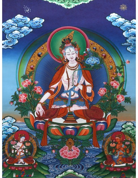White tara long-life, healing, compassion, health, Thangka, cotton canvas, 24 karats pure gold, mineral and vegetable pigments