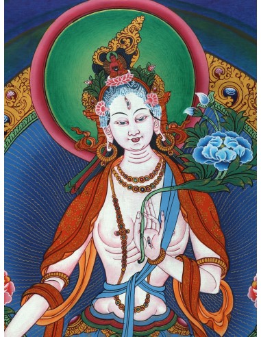 White tara long-life, healing, compassion, health, Thangka, cotton canvas, 24 karats pure gold, mineral and vegetable pigments