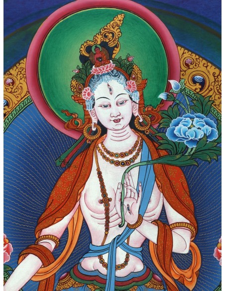White tara long-life, healing, compassion, health, Thangka, cotton canvas, 24 karats pure gold, mineral and vegetable pigments