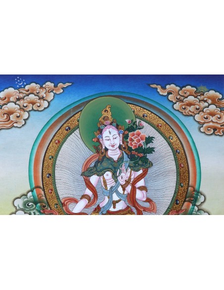 White tara long-life, healing, compassion, health, Thangka, cotton canvas, Mantra, Spirituality, Enlightenment
