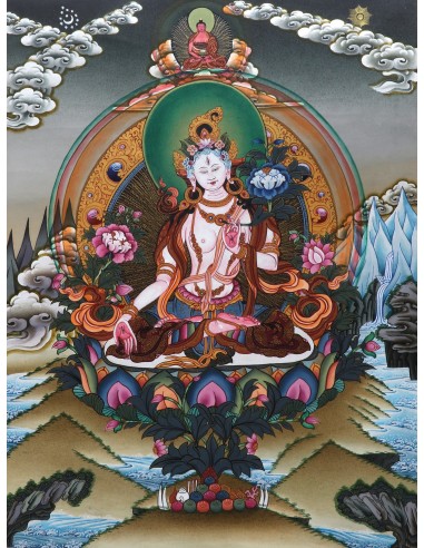 White tara long-life, healing, compassion, health, Thangka, cotton canvas, Mantra, Spirituality, Enlightenment