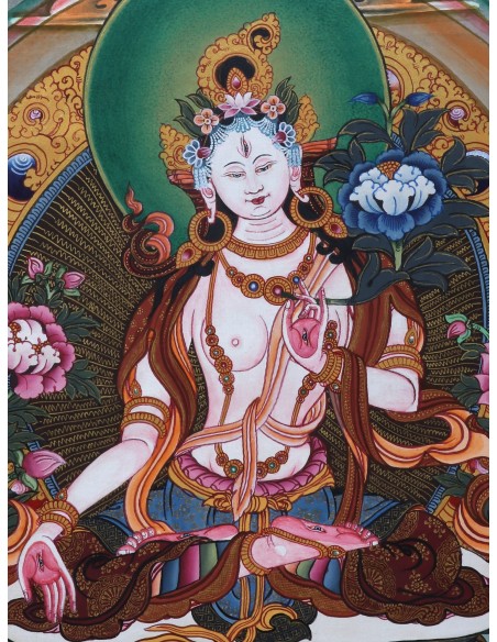 White tara long-life, healing, compassion, health, Thangka, cotton canvas, Mantra, Spirituality, Enlightenment
