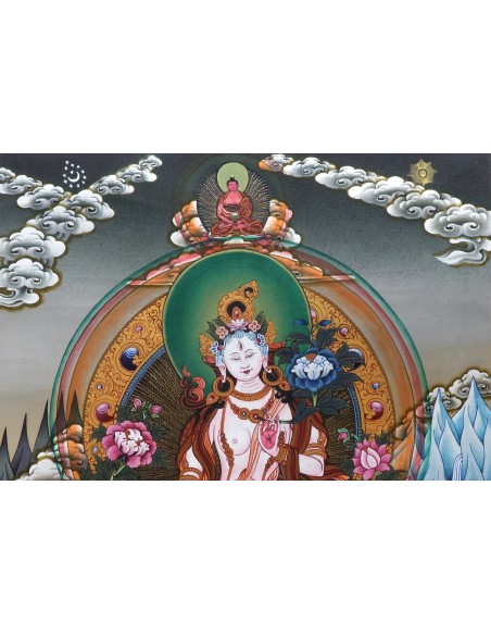 White tara long-life, healing, compassion, health, Thangka, cotton canvas, Mantra, Spirituality, Enlightenment