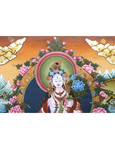 White tara long-life, healing, compassion, health, Thangka, cotton canvas, Mantra, Spirituality, Enlightenment