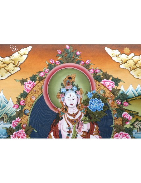 White tara long-life, healing, compassion, health, Thangka, cotton canvas, Mantra, Spirituality, Enlightenment