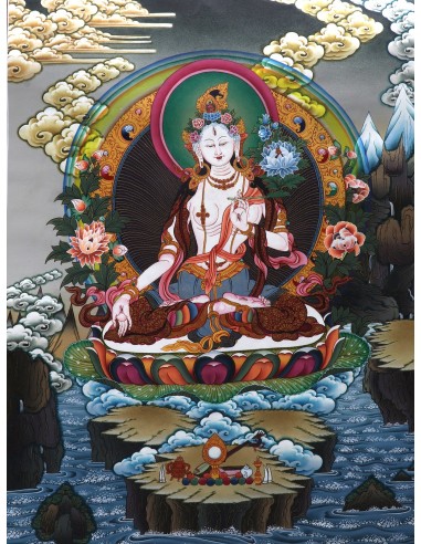 White tara long-life, healing, compassion, health, Thangka, cotton canvas, Mantra, Spirituality, Enlightenment
