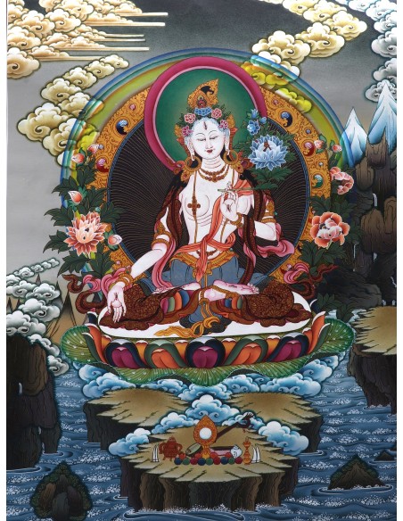 White tara long-life, healing, compassion, health, Thangka, cotton canvas, Mantra, Spirituality, Enlightenment