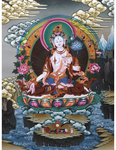 White tara long-life, healing, compassion, health, Thangka, cotton canvas, Mantra, Spirituality, Enlightenment