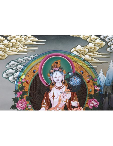 White tara long-life, healing, compassion, health, Thangka, cotton canvas, Mantra, Spirituality, Enlightenment