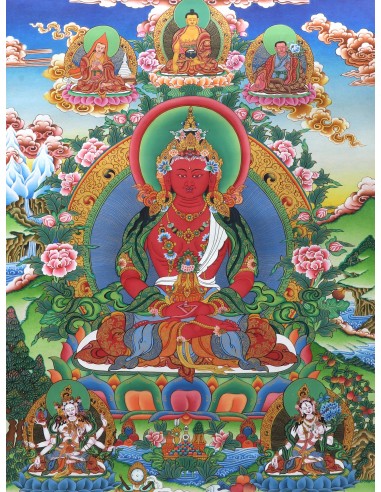 Tse Lha Nam Sum with Amitayus, Amitayus deity of longevity, White Tara (Drolkar),  Ushnishavijaya (Namgyalma), compassionate god
