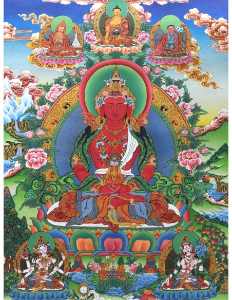 Tse Lha Nam Sum with Amitayus, Amitayus deity of longevity, White Tara (Drolkar),  Ushnishavijaya (Namgyalma), compassionate god