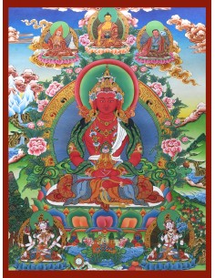 Tse Lha Nam Sum with Amitayus, Amitayus deity of longevity, White Tara (Drolkar),  Ushnishavijaya (Namgyalma), compassionate god
