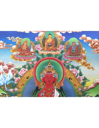 Tse Lha Nam Sum with Amitayus, Amitayus deity of longevity, White Tara (Drolkar),  Ushnishavijaya (Namgyalma), compassionate god