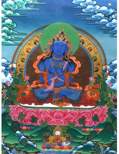 An artistic representation of Vajradhara Dorje Chang, surrounded by flames and holding a vajra and a bell, pure gold, cotton can 2