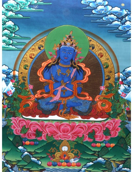 An artistic representation of Vajradhara Dorje Chang, surrounded by flames and holding a vajra and a bell, pure gold, cotton can