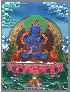 An artistic representation of Vajradhara Dorje Chang, surrounded by flames and holding a vajra and a bell, pure gold, cotton can
