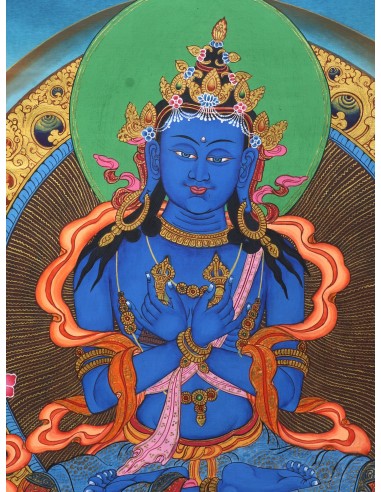 An artistic representation of Vajradhara Dorje Chang, surrounded by flames and holding a vajra and a bell, pure gold, cotton can