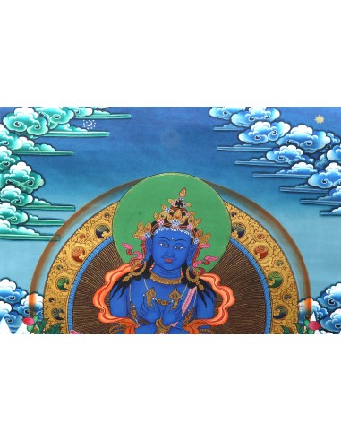 An artistic representation of Vajradhara Dorje Chang, surrounded by flames and holding a vajra and a bell, pure gold, cotton can