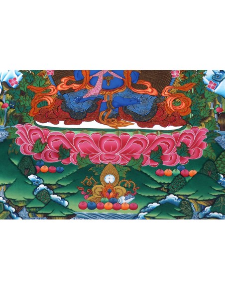 An artistic representation of Vajradhara Dorje Chang, surrounded by flames and holding a vajra and a bell, pure gold, cotton can