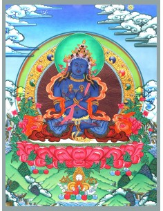 An artistic representation of Vajradhara Dorje Chang, surrounded by flames and holding a vajra and a bell, pure gold, spritual