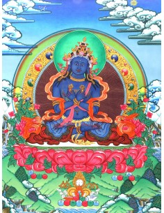 An artistic representation of Vajradhara Dorje Chang, surrounded by flames and holding a vajra and a bell, pure gold, spritual 2