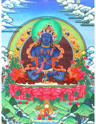 An artistic representation of Vajradhara Dorje Chang, surrounded by flames and holding a vajra and a bell, pure gold, spritual