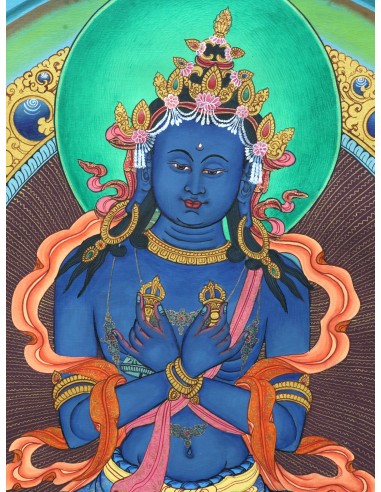 An artistic representation of Vajradhara Dorje Chang, surrounded by flames and holding a vajra and a bell, pure gold, spritual