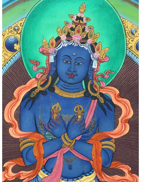 An artistic representation of Vajradhara Dorje Chang, surrounded by flames and holding a vajra and a bell, pure gold, spritual