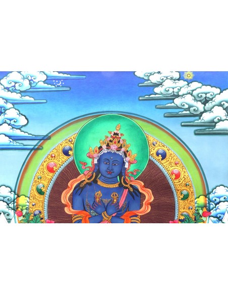 An artistic representation of Vajradhara Dorje Chang, surrounded by flames and holding a vajra and a bell, pure gold, spritual