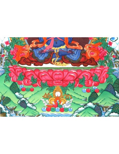 An artistic representation of Vajradhara Dorje Chang, surrounded by flames and holding a vajra and a bell, pure gold, spritual