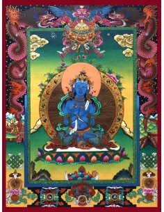 An artistic representation of Vajradhara Dorje Chang, surrounded by flames and holding a vajra and a bell, pure gold, vajra guru